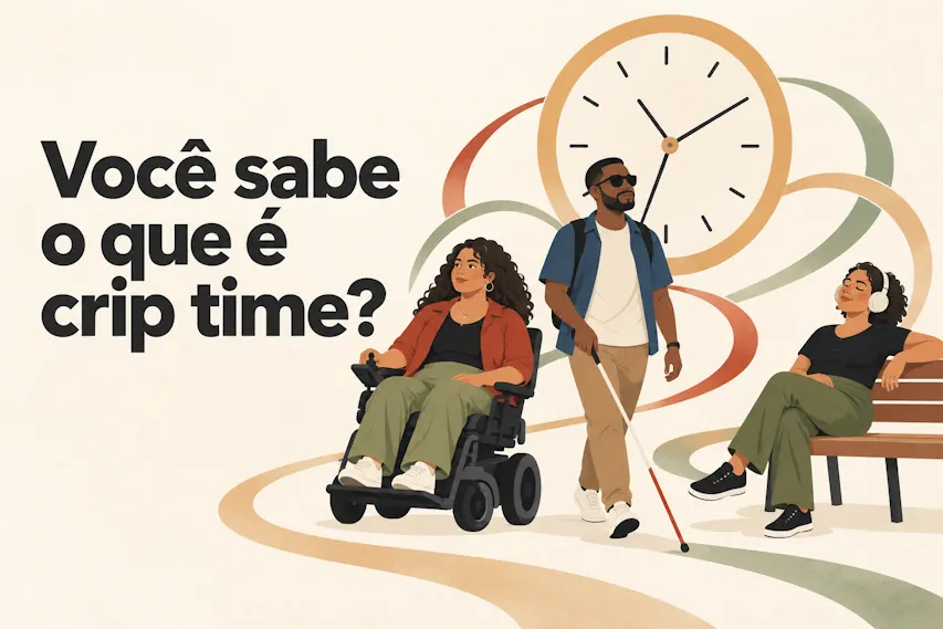 Ilustração minimalista com uma cadeirante, um homem cego e uma mulher descansando diante de um relógio e da pergunta sobre o que é crip time.