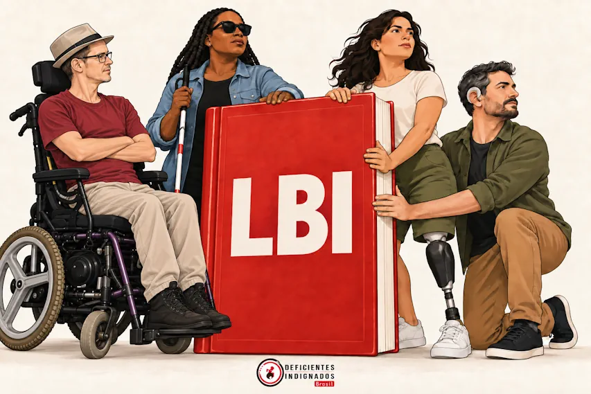 Ilustração de quatro pessoas com deficiência reunidas em defesa de um livro vermelho com a sigla LBI dos . À esquerda, homem de chapéu e camiseta bordô em cadeira de rodas adaptada. Logo dos Deficientes Indignados Brasil no rodapé. Direitos das Pessoas com deficiência