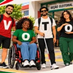Imagem de IA com quatro eleitores com deficiência diante de uma seção eleitoral, com letras nas camisetas formando “VOTO”. Logo Deficientes Indignados no rodapé.
