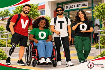 Imagem de IA com quatro eleitores com deficiência diante de uma seção eleitoral, com letras nas camisetas formando “VOTO”. Logo Deficientes Indignados no rodapé.
