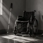 Imagem em preto e branco de uma cadeira de rodas vazia no canto de um quarto, com uma bengala de orientação à esquerda e uma prótese de perna à direita. A luz entra pela janela e ilumina parte do piso.