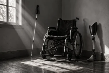 Imagem em preto e branco de uma cadeira de rodas vazia no canto de um quarto, com uma bengala de orientação à esquerda e uma prótese de perna à direita. A luz entra pela janela e ilumina parte do piso.