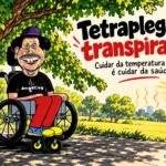 Caricatura de Angelo em cadeira de rodas à sombra de uma árvore no parque, com sol intenso ao fundo e o título “Tetraplegia e transpiração”.
