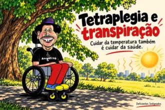 Caricatura de Angelo em cadeira de rodas à sombra de uma árvore no parque, com sol intenso ao fundo e o título “Tetraplegia e transpiração”.