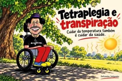 Caricatura de Angelo em cadeira de rodas à sombra de uma árvore no parque, com sol intenso ao fundo e o título “Tetraplegia e transpiração”.