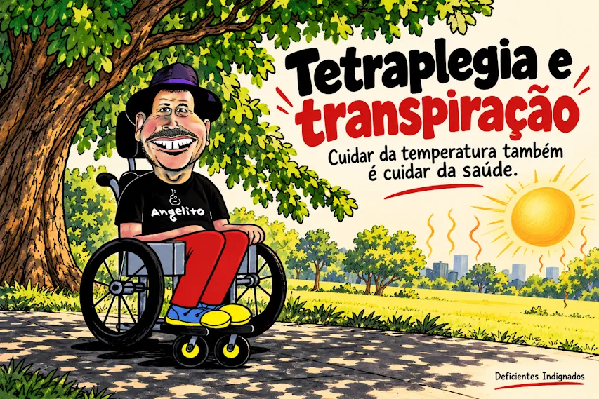Caricatura de Angelo em cadeira de rodas à sombra de uma árvore no parque, com sol intenso ao fundo e o título “Tetraplegia e transpiração”.
