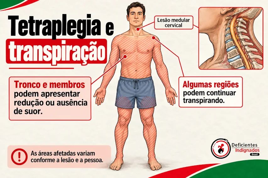 Ilustração sobre tetraplegia e transpiração, com tronco, braços e pernas destacados como possíveis áreas de redução do suor e detalhe da medula cervical.